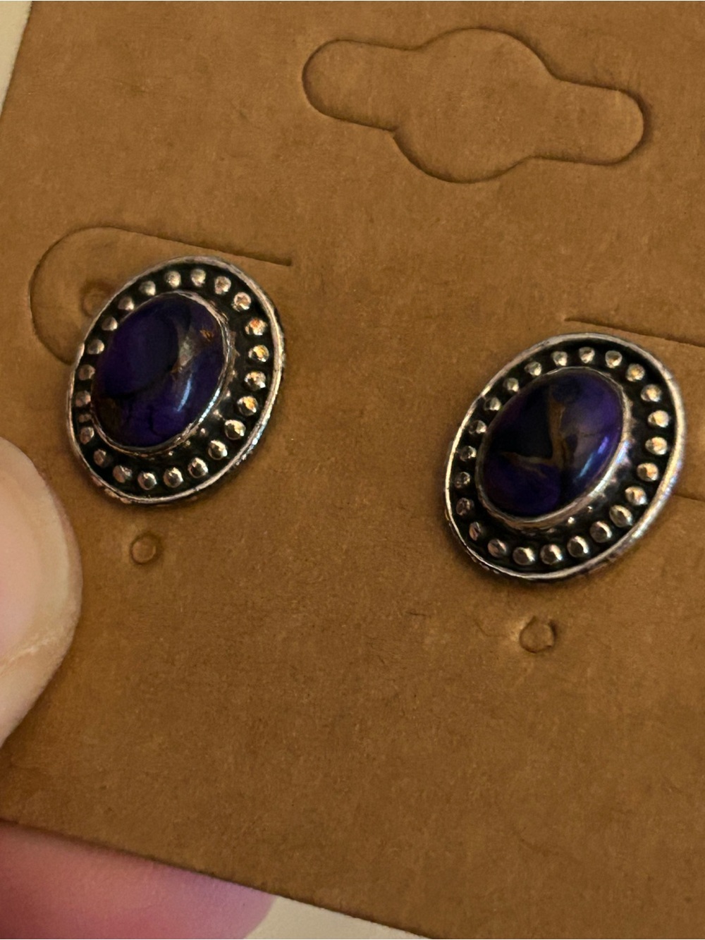Oval Purple Mojave Stone Stud Earrings with Silver Beaded Frame